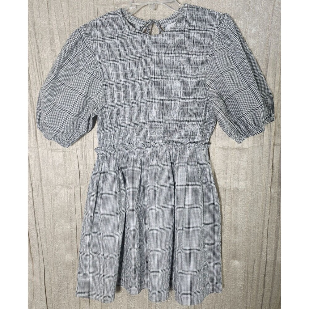 The LIFESTYLEDCO Plaid Mini Dress S Black White Smocked Puff Sleeve Cottagecore